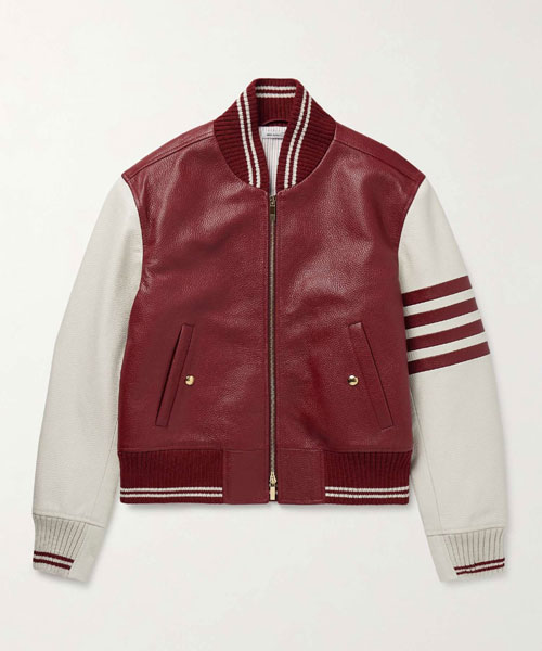 스트라이프 풀 그레인 레더 봄버 자켓