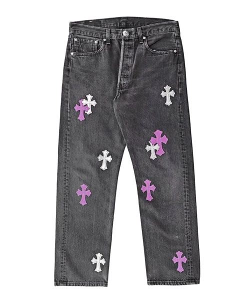 실버 세퀸 퍼플 가죽 크로스 진