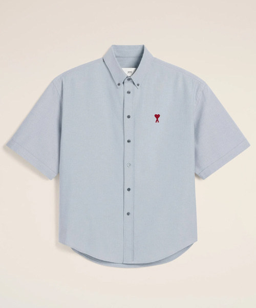 블루 코튼 박시 핏 숏 슬리브 셔츠