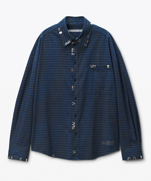 네이비 체크 팝린 셔츠