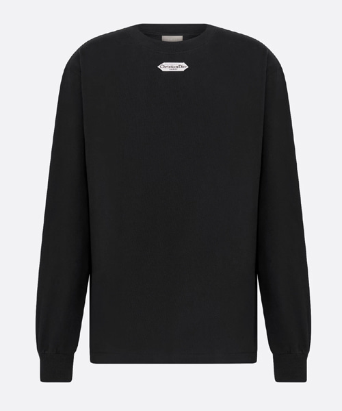 블랙 코튼 저지 라벨 롱 슬리브 티셔츠