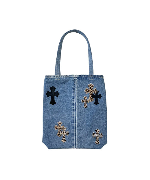 홀스헤어 데님 크로스 패치 토트 백