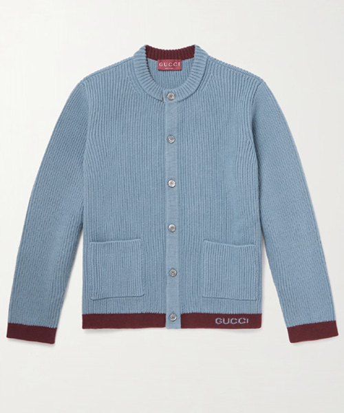 투톤 로고 자카드 리브 울 가디건