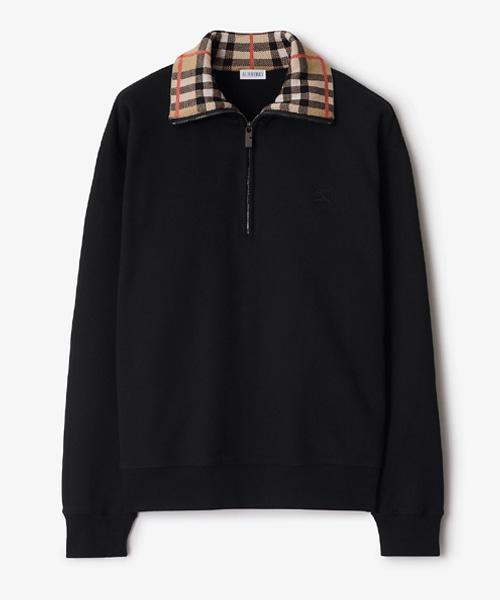 체크 칼라 코튼 하프 지퍼 스웨트셔츠