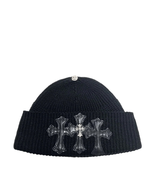 캐시미어 블랙 트리플 레더 크로스 윗 실버 크로스 비니