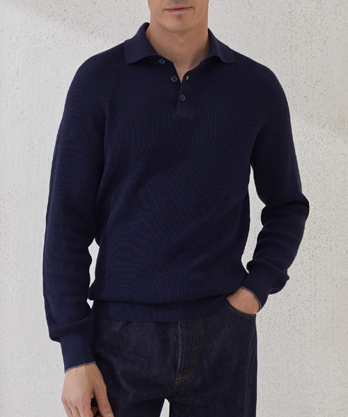 래글런 롱 슬리브 코튼 잉글리시 립 니트 폴로셔츠