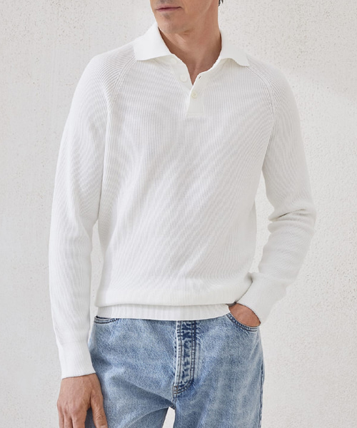 래글런 롱 슬리브 코튼 잉글리시 립 니트 폴로셔츠
