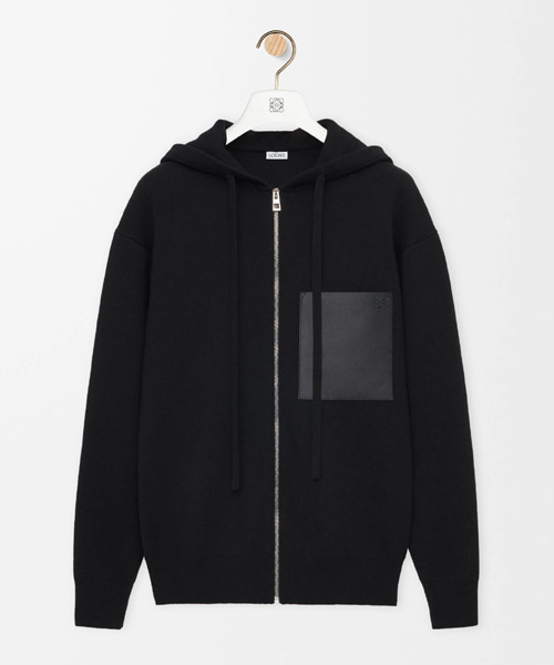 로고 가죽 패치 울 집업 후디