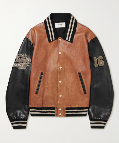 테디 오버사이즈 로고 아플리케 레더 봄버 재킷