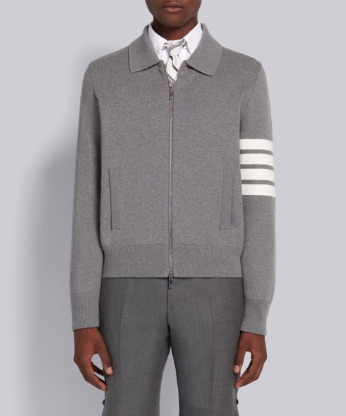 라이트 그레이 코튼 크레이프 밀라노 스티치 4-바 집업 보머 재킷