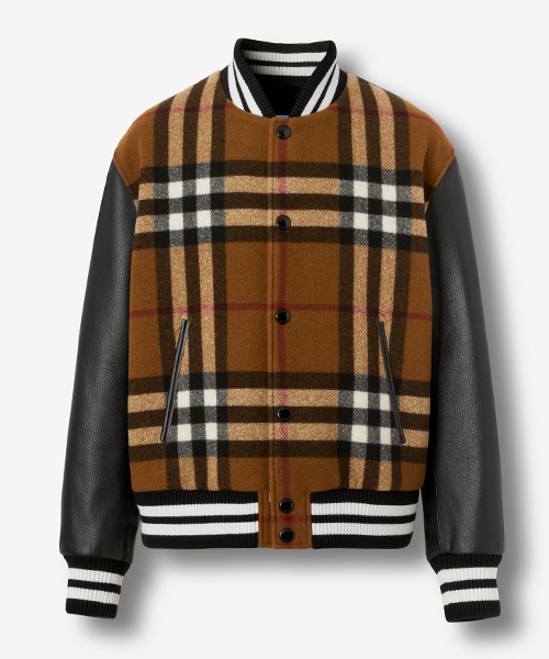 체크 테크니컬 울 & 가죽 봄버 자켓