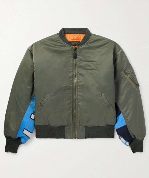 디스트레드 패디드 자가드 패널 나일론 봄버 재킷