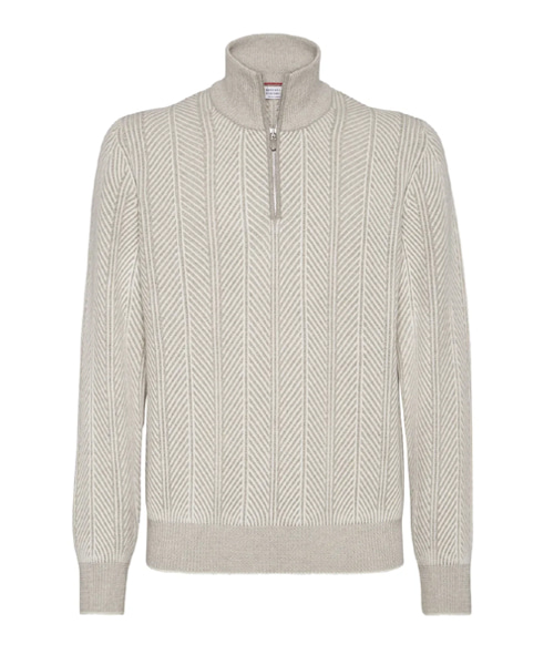 헤링본 캐시미어 하프 집업 스웨터