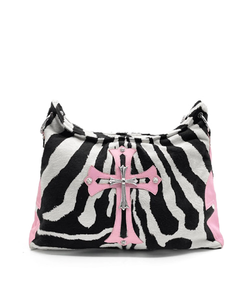 핑크 지브라 스트라이프 실버 크로스 리옹 백