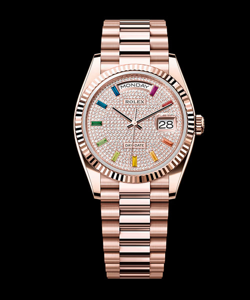 데이데이트 (에버로즈 골드 / 다이아몬드 파베 다이얼 & 레인보우 인덱스) 36mm
