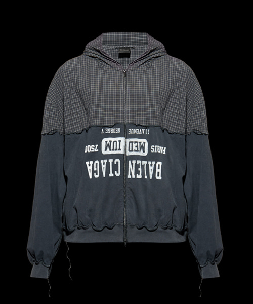 체크 패턴 로고 프린트 후드 집업 자켓