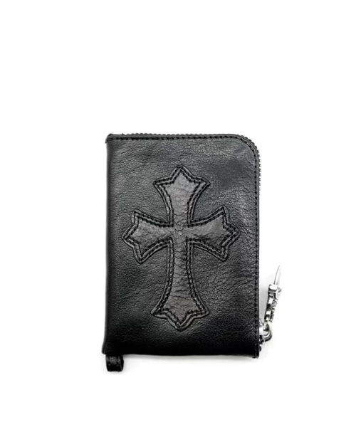 블랙 가죽 크로스 패치 실버 스크롤 지퍼 월릿