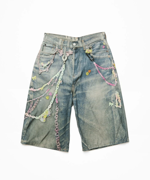 트롱프뢰유 스택 벨트 프린트 데님 쇼츠