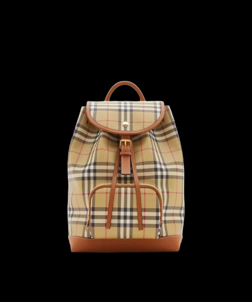 베이지 체크 캔버스 백팩