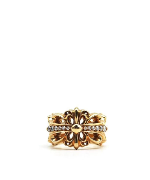 22K 골드 다이아몬드 플로럴 오픈 크로스 링