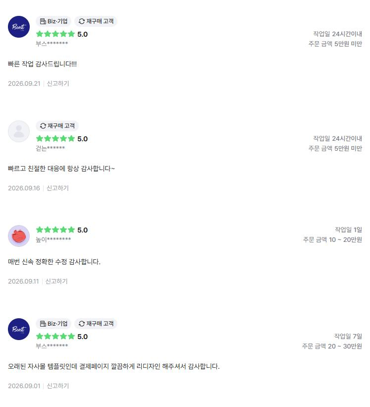의뢰인 후기 4건: 빠른 작업 감사, 빠르고 친절한 대응, 신속 정확한 수정, 자사몰 결제페이지 리디자인 감사