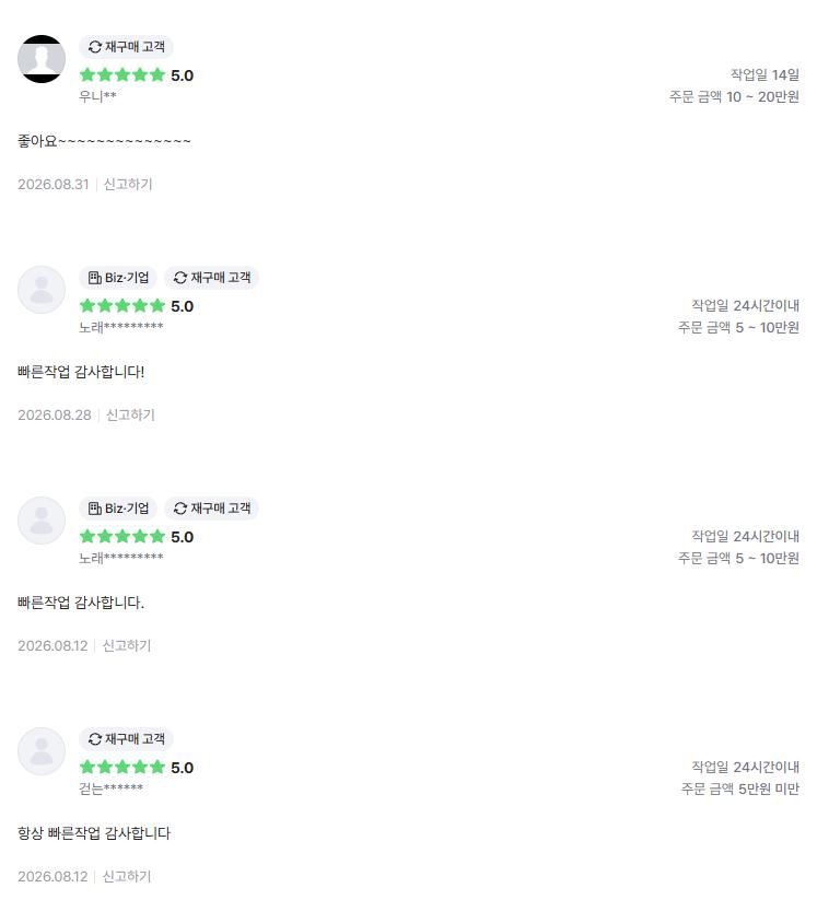 의뢰인 후기 4건: 좋아요, 빠른 작업 감사, 항상 빠른 작업 감사