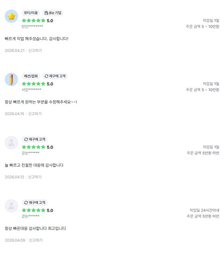 의뢰인 후기 4건: 빠른 작업 감사, 원하는 부분 신속 수정, 친절하고 빠른 대응, 최고입니다