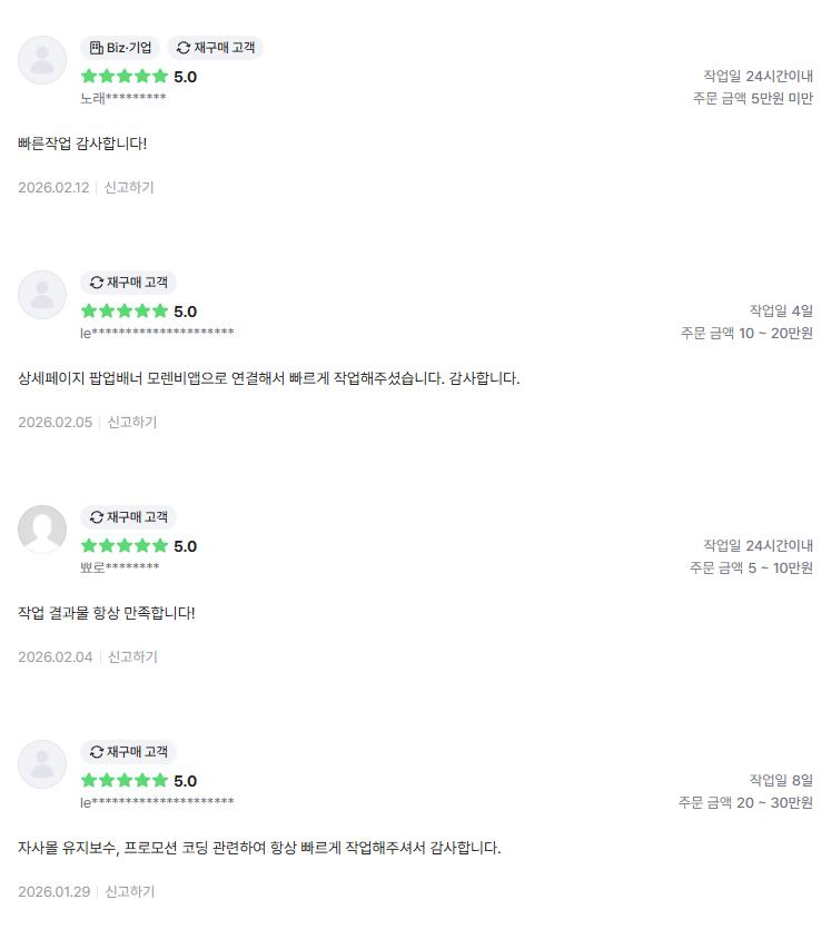 의뢰인 후기 4건: 빠른 작업 감사, 상세페이지 팝업배너 앱 연결 작업, 작업 결과물 항상 만족, 자사몰 유지보수와 프로모션 코딩