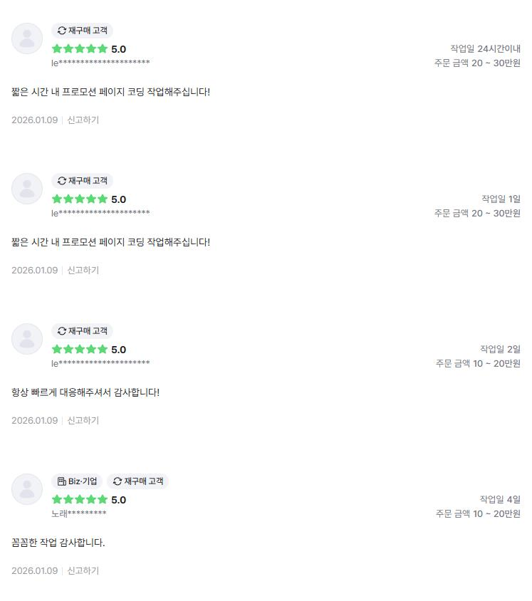 의뢰인 후기 4건: 짧은 시간 내 프로모션 페이지 코딩, 항상 빠른 대응, 꼼꼼한 작업 감사