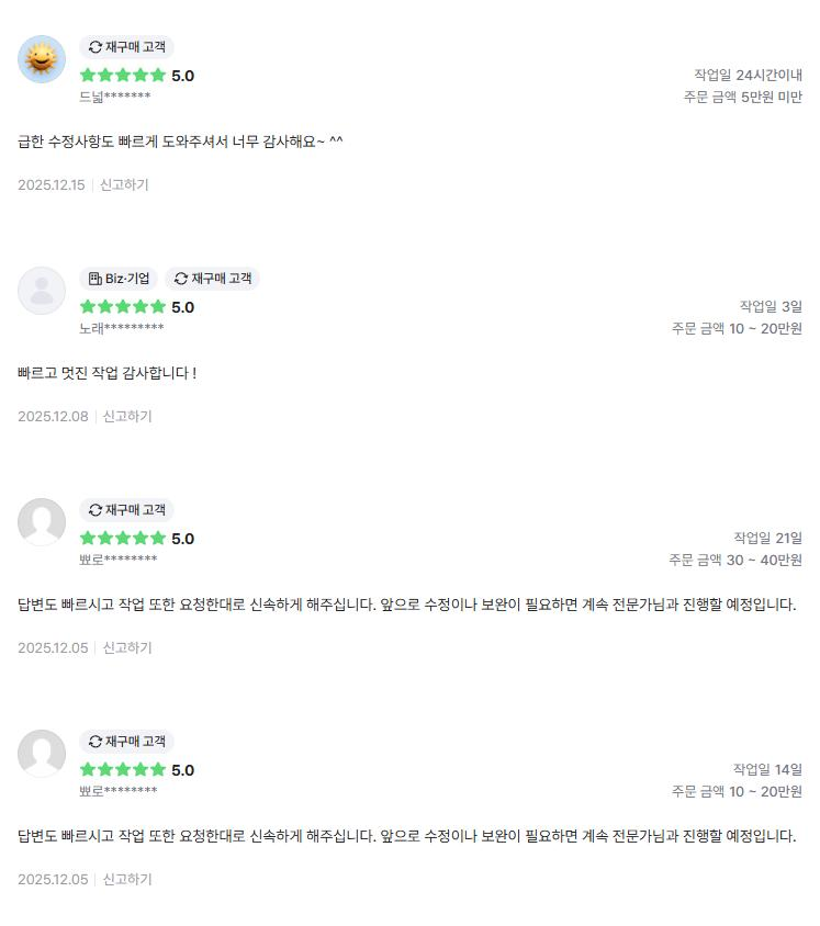 의뢰인 후기 4건: 급한 수정사항도 빠르게 도움, 빠르고 멋진 작업, 답변과 작업이 신속