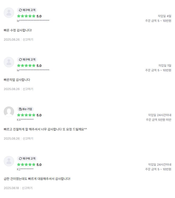 의뢰인 후기 4건: 빠른 수정과 작업 감사, 빠르고 친절한 작업, 급한 건에도 빠른 대응