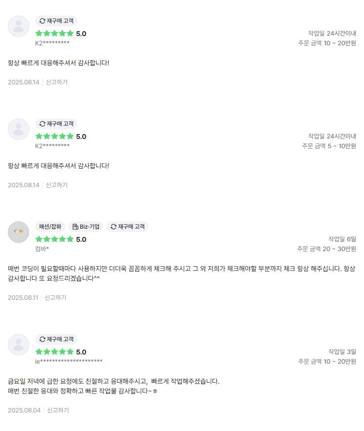 의뢰인 후기 4건: 항상 빠른 대응 감사, 코딩이 필요할 때마다 꼼꼼한 체크, 급한 요청에도 친절한 응대