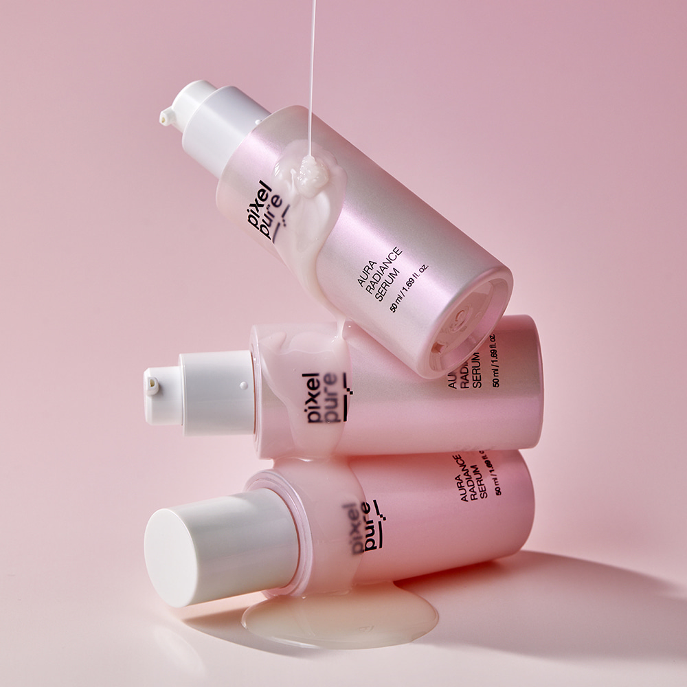 Pixelpure Aura Radiance Serum bottle with soft glow