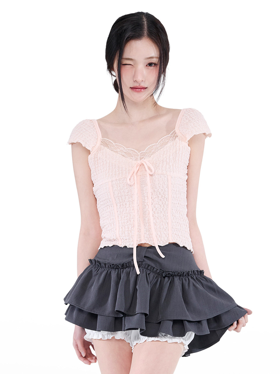 Ribbon Tiered Mini Skirt (Charcoal) - alki alka