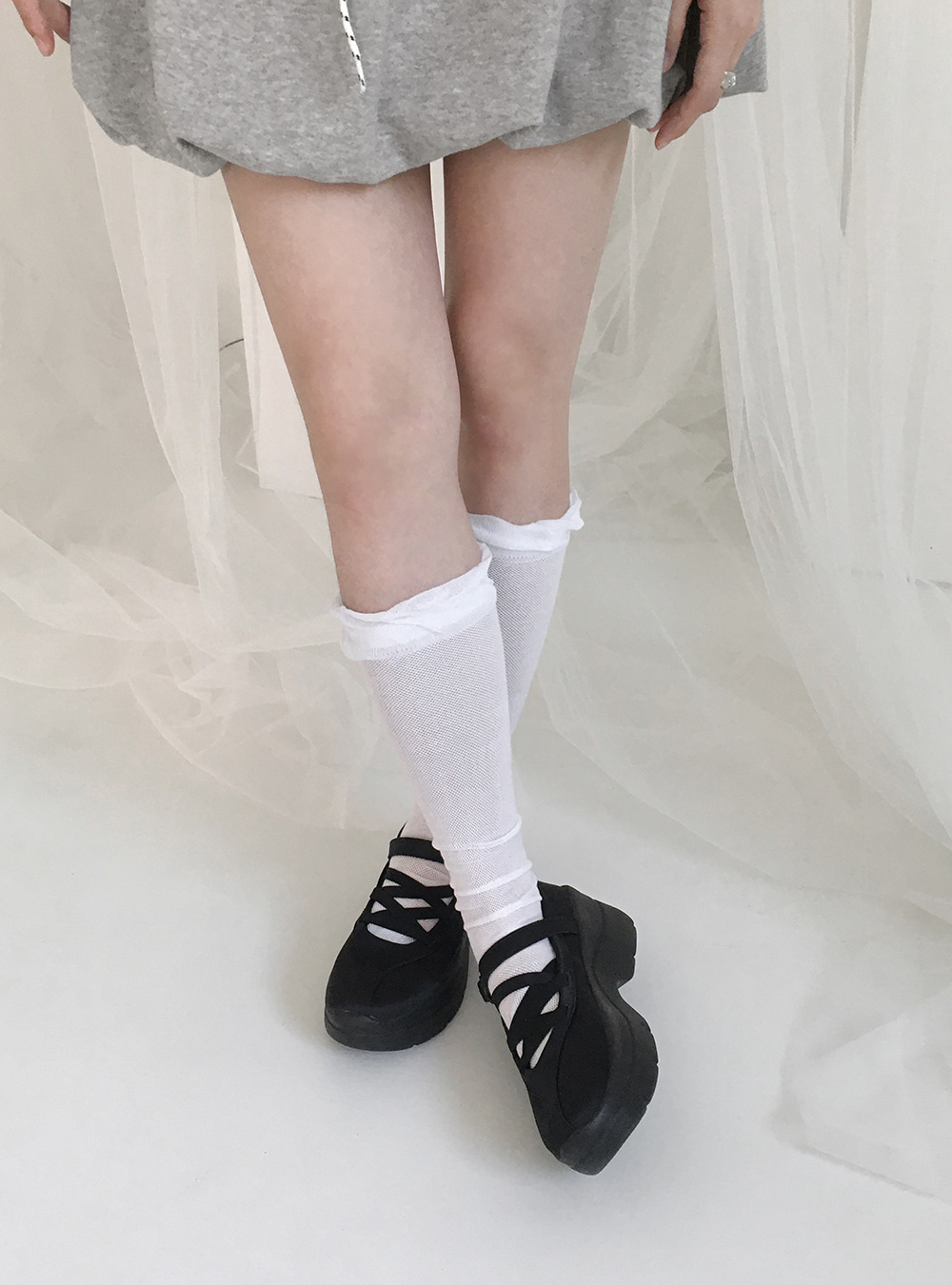 フリルポイントメッシュニーソックス | ファッション通販サイト NUGU