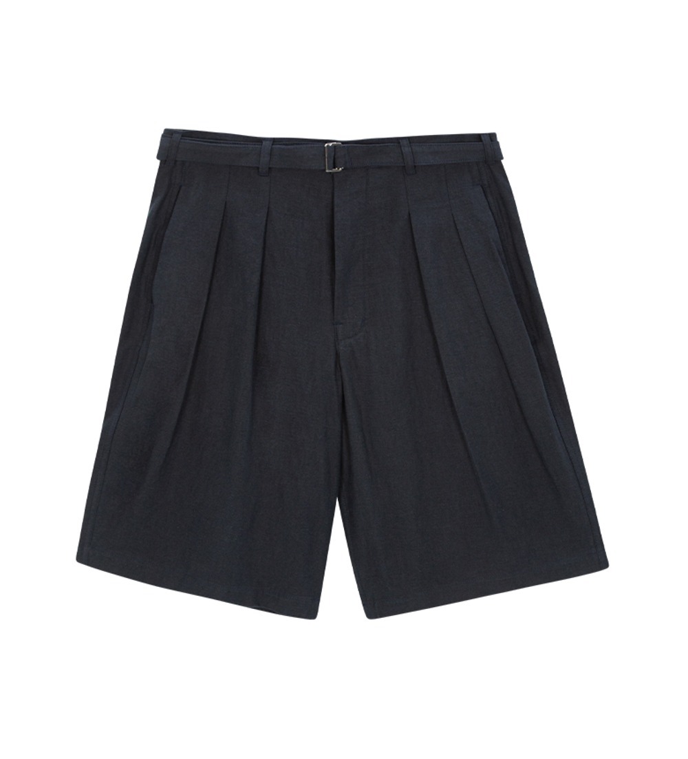 Belted wide linen shorts (navy)