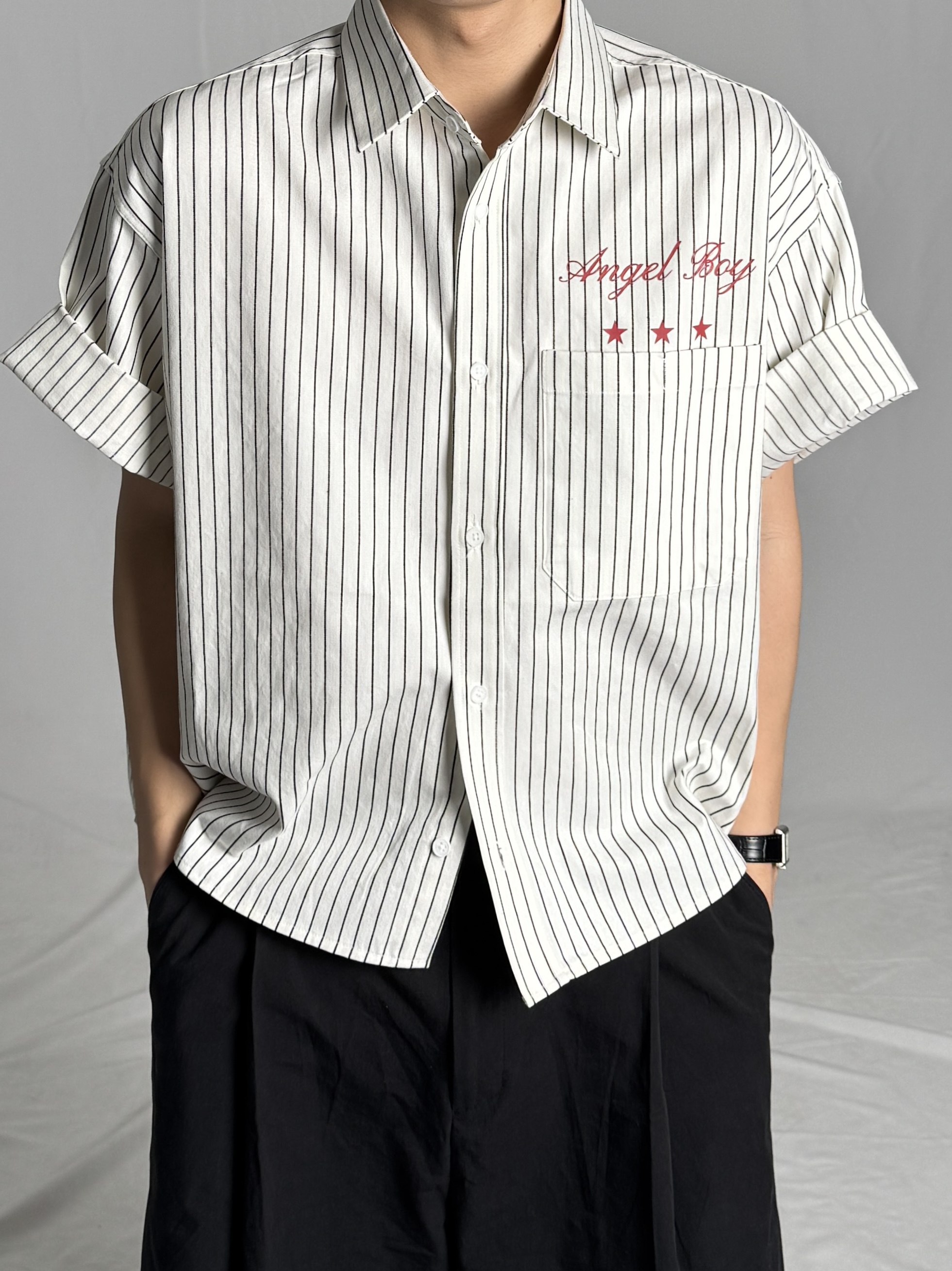 데이 스트라이프 크롭 하프 셔츠