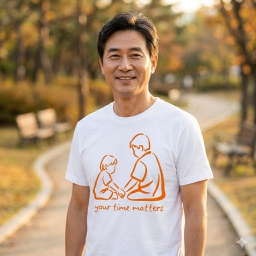 Your Time Matters 티셔츠를 입은 중년 남성