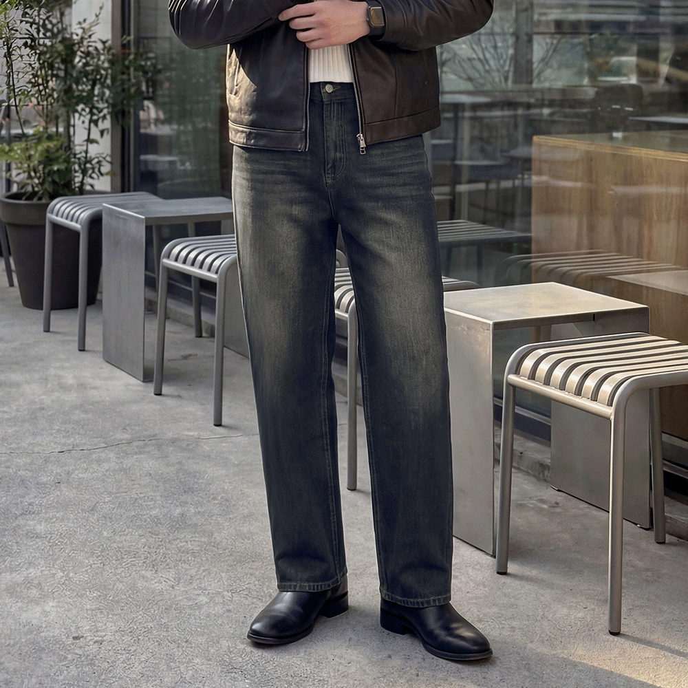 오일 워싱 세미와이드 흑청 데님