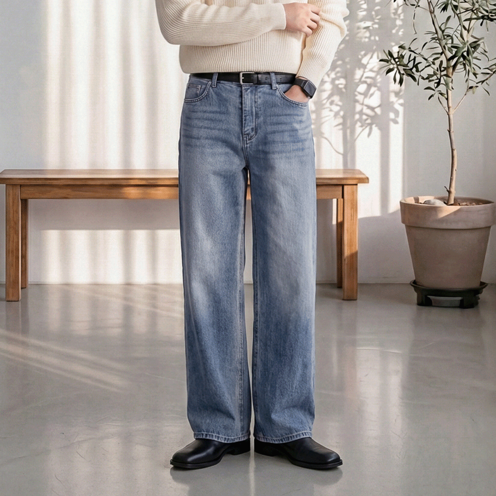 프리미엄 롱 와이드핏 중청 데님 청바지