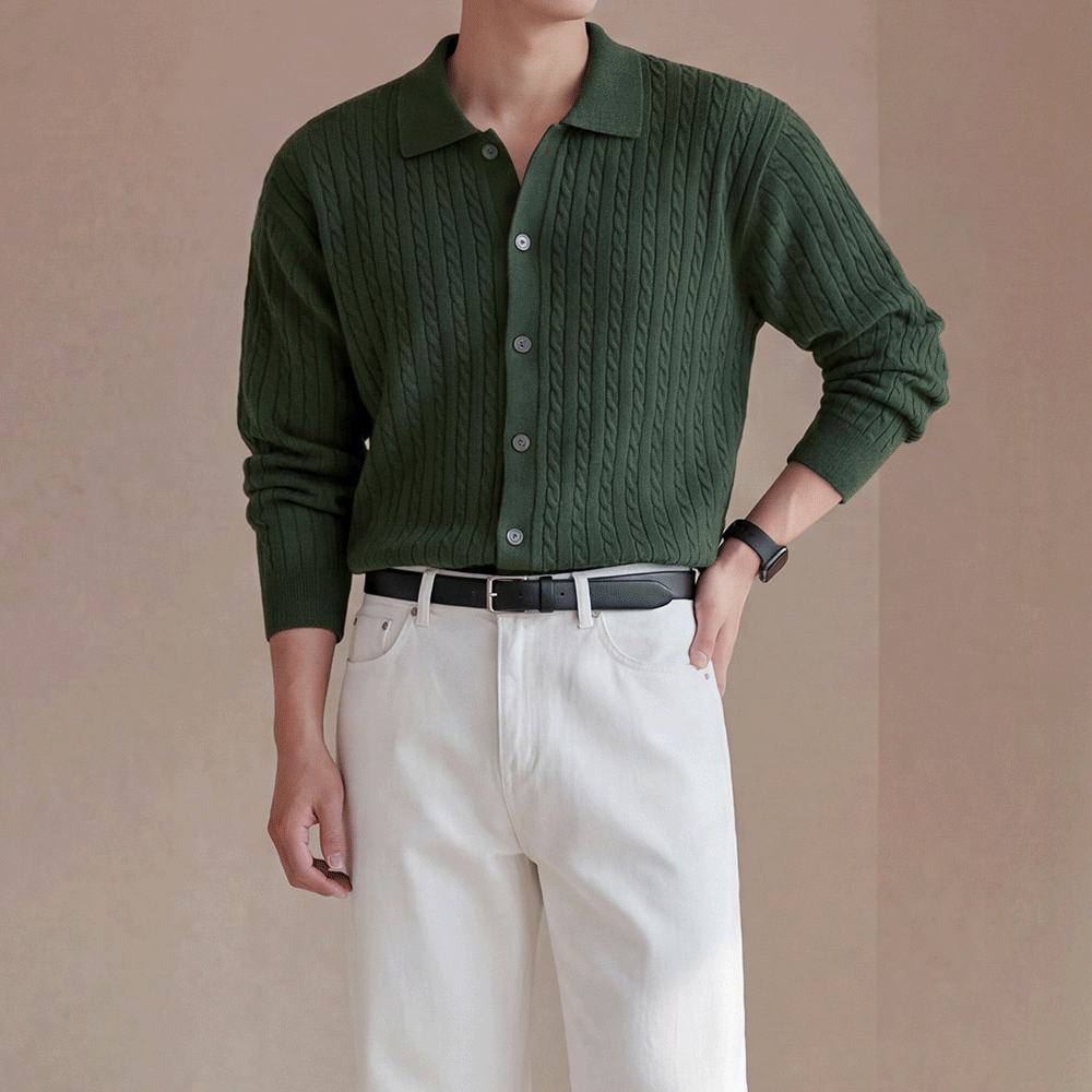 피오 케이블 꽈배기 카라가디건