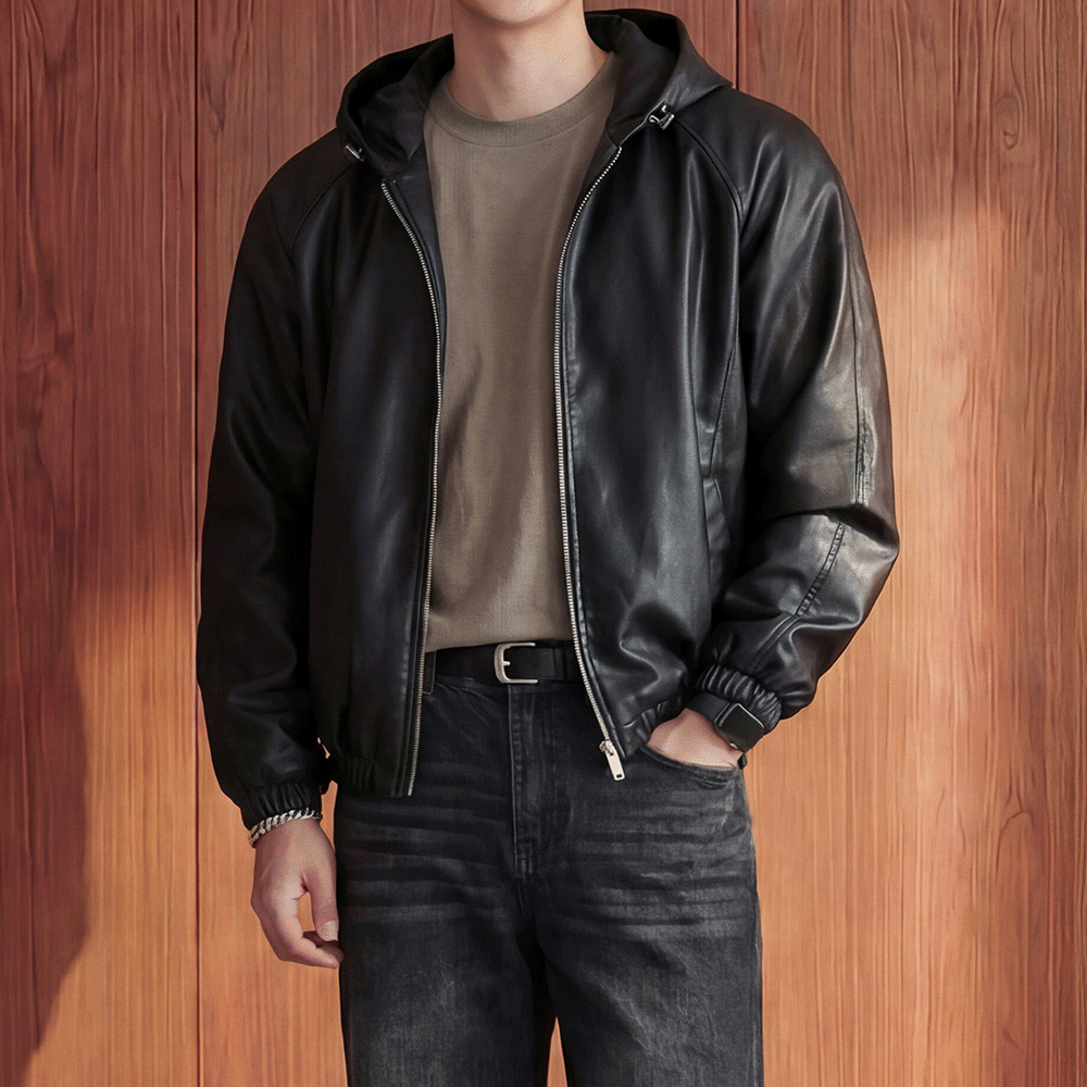 2color 빅사이즈 레더 후드 집업 자켓