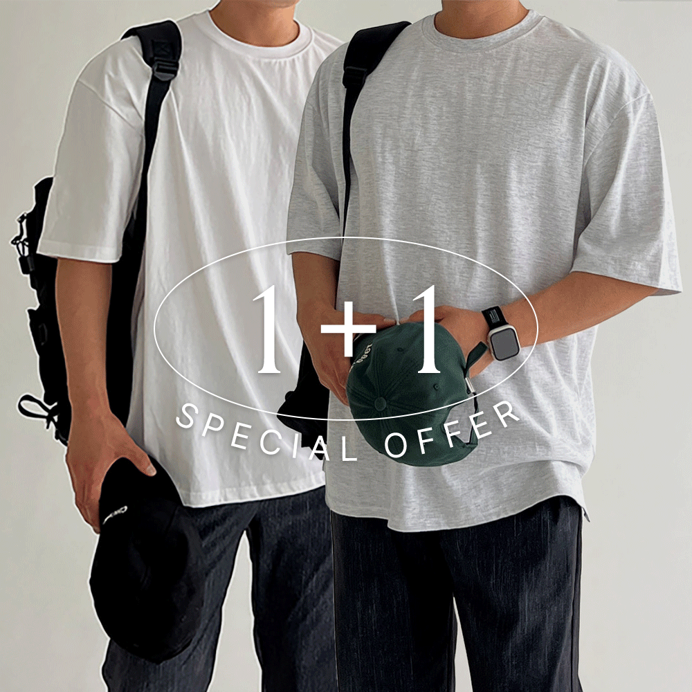 [1+1]20수 무지 워셔블 목안늘어나는 레이어드 오버핏 반팔 티셔츠