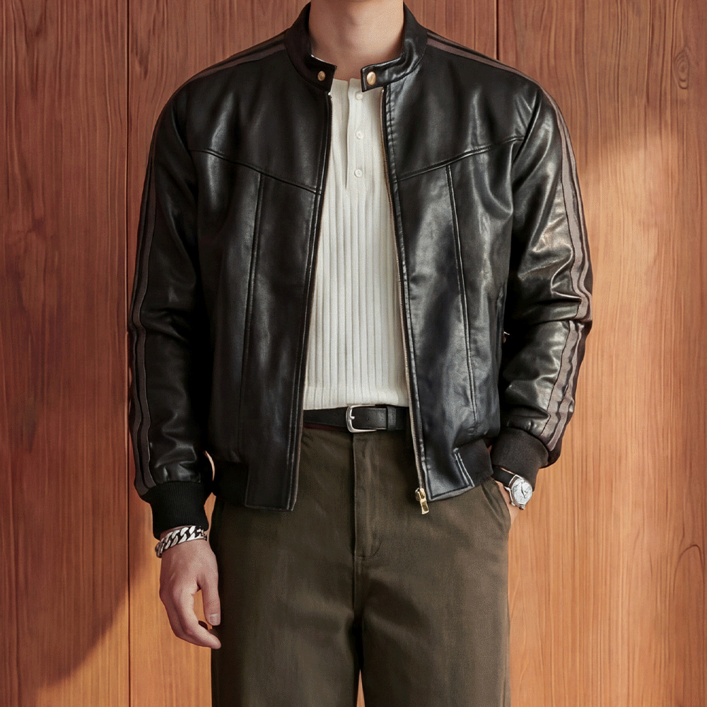 2color 트랙 레더 블루종 자켓