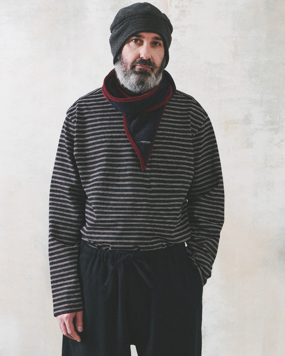Eastlogue BLEACHED STRIPE POCKET L.S T-SHIRTS / NAVY & BROWN STRIPE