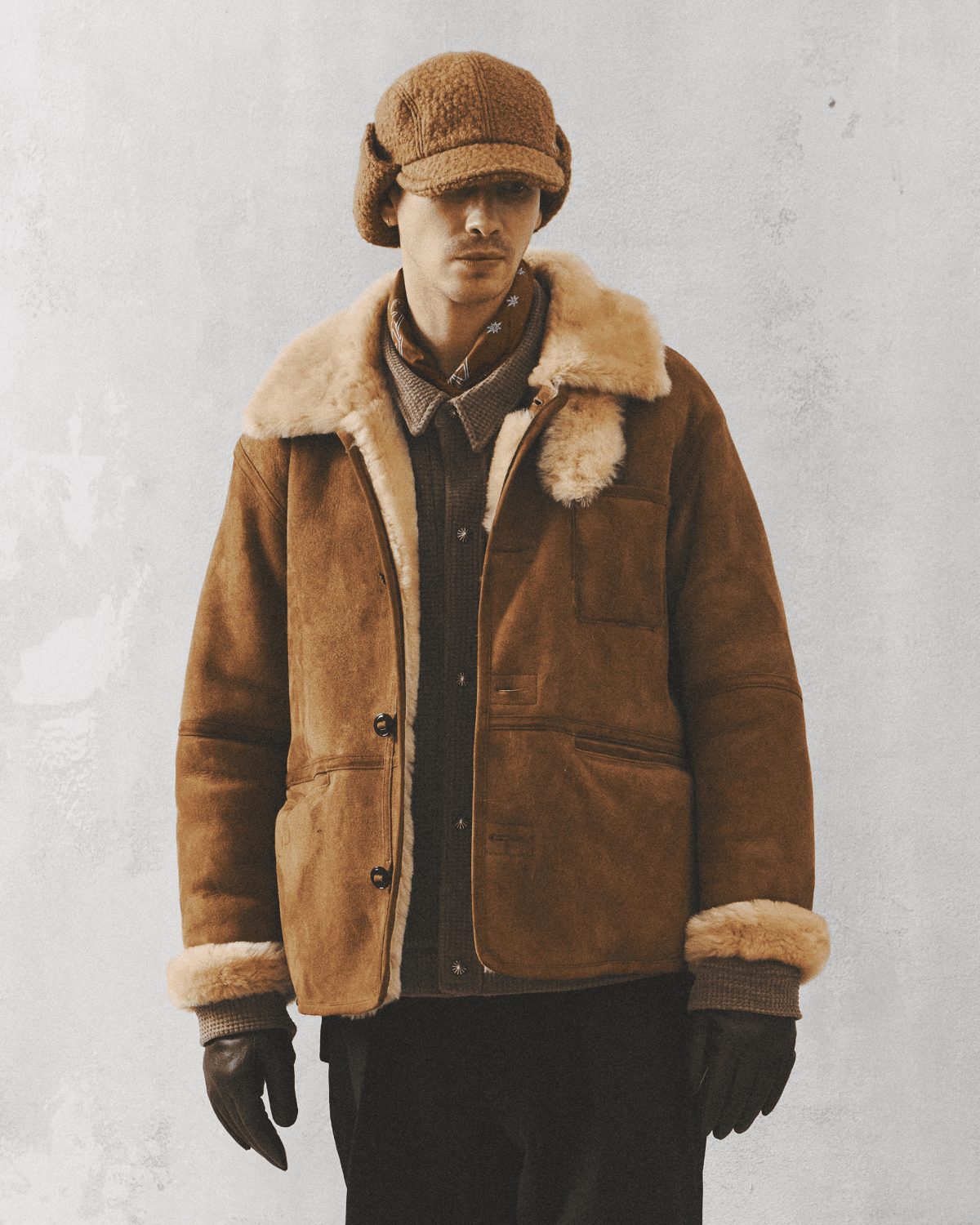 SHEARLING LUMBERJACK MOUTON WORK SHIRTS / BEIGE SUEDE