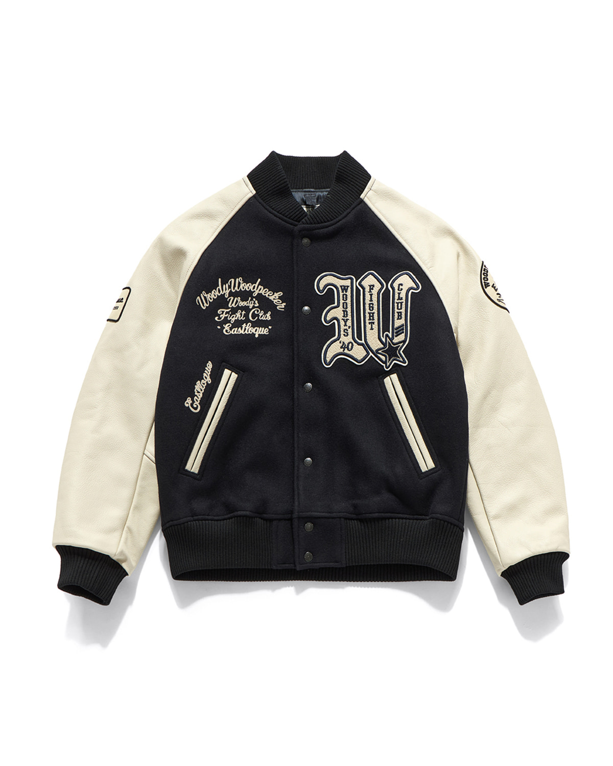 WOODY LEATHER MIX STADIUM JACKET / D.NAVY WOOL - EASTLOGUE