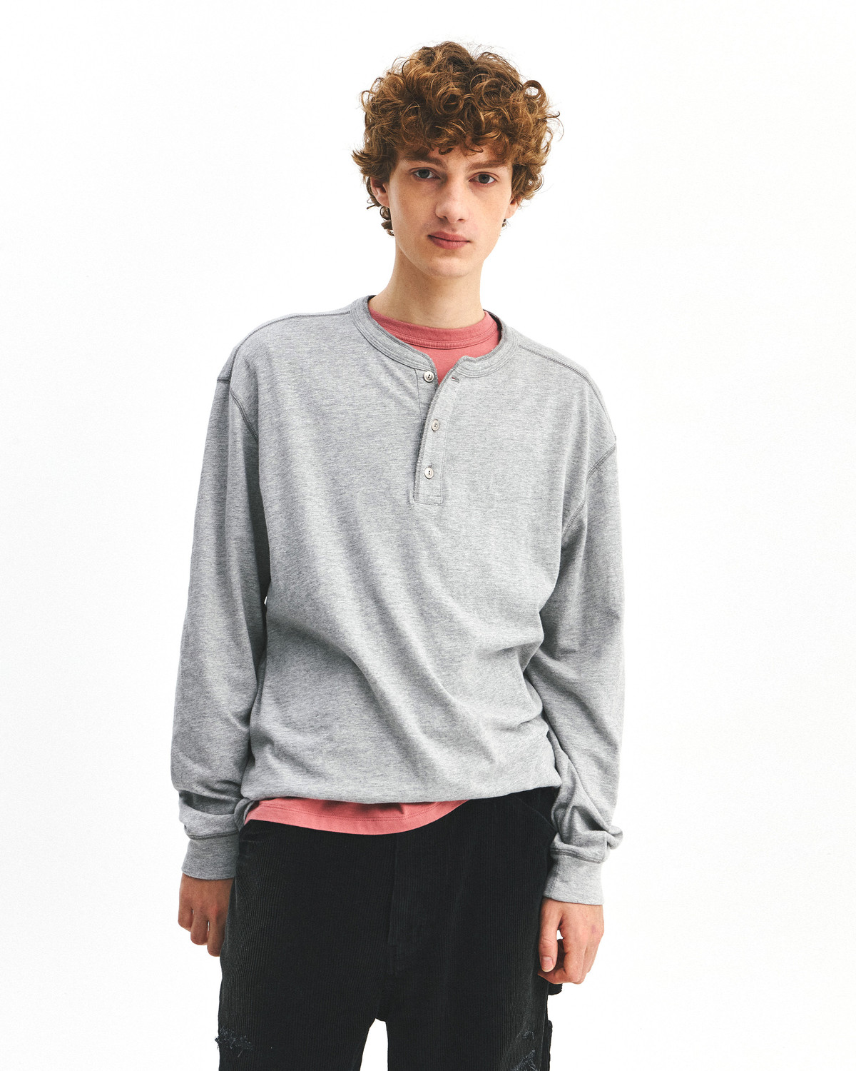 HENLEY NECK L.S T-SHIRTS / MELANGE GREY - EASTLOGUE