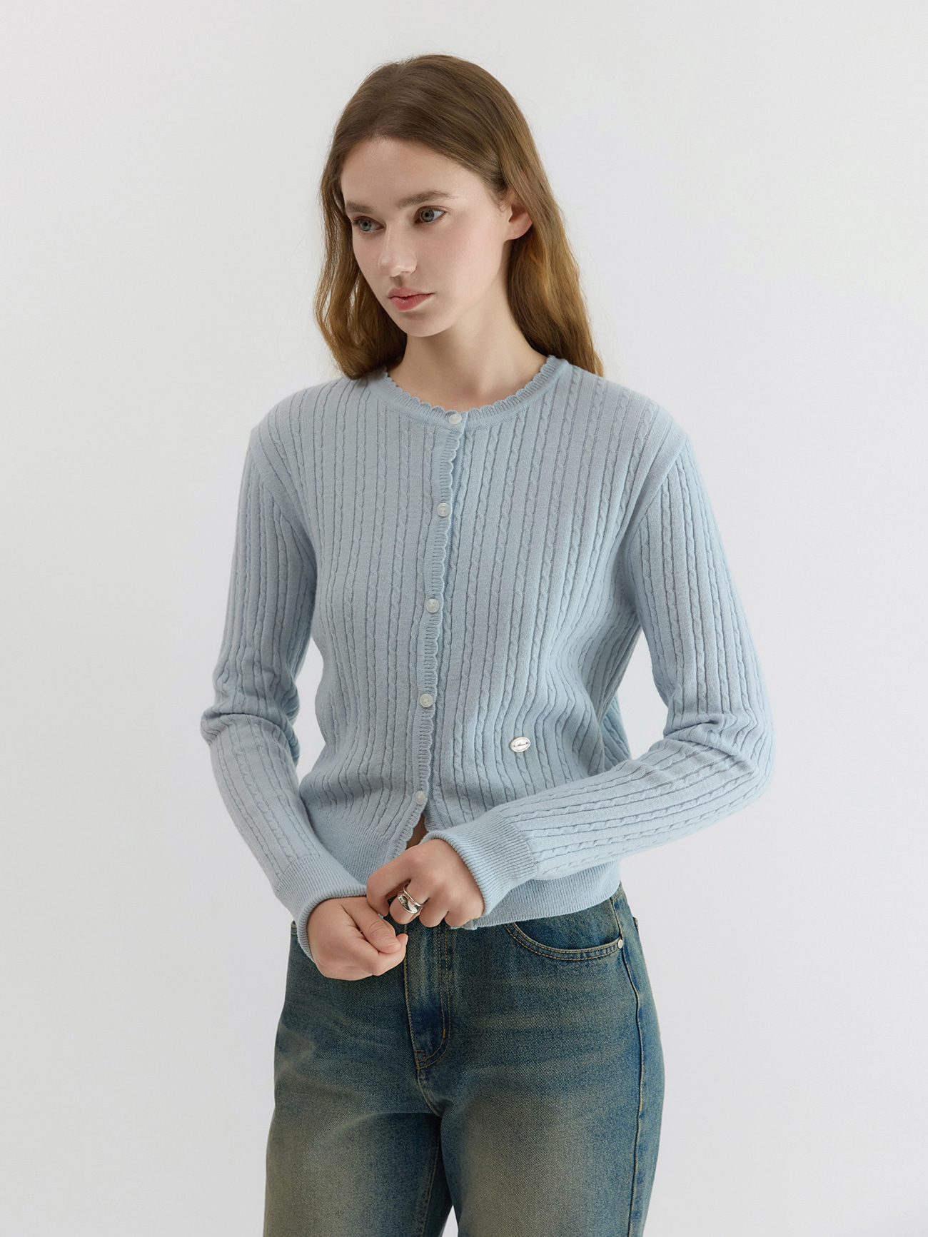 Rib-Knit Scallop-Trim Cardigan in Pink