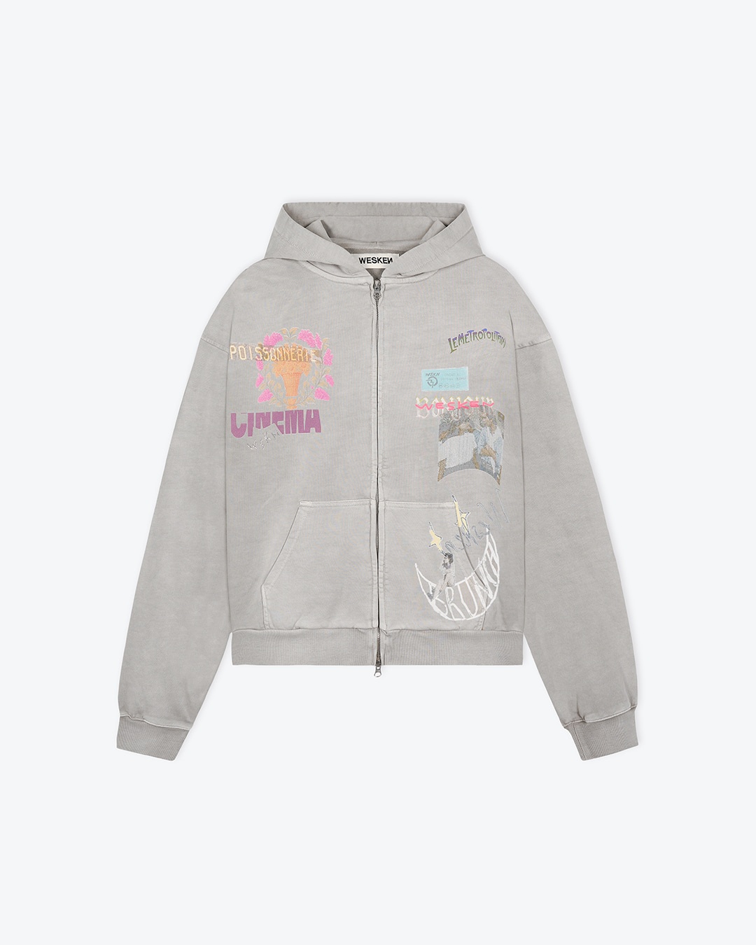 UNISEX] OVERSIZED SCRAPBOOK ZIP-UP HOODIE (GREY) - 웨스켄